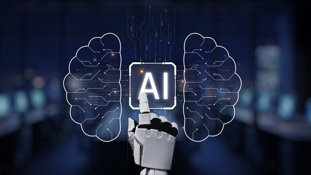 A robotic hand points toward an AI symbol amidst a digital brain illustration, representing the intersection of technology and innovation in a dynamic workspace. Synapse