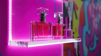 Perfume bottles displayed on a clear acrylic shelf with bright lighting