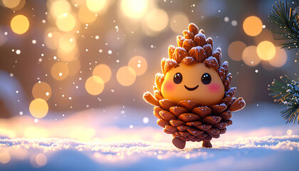 Cute cartoon pinecone character walking happily in Christmas themed environment with soft colorful bokeh lights
