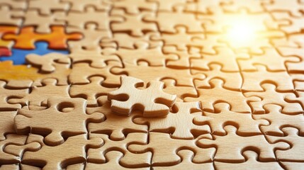 Wooden puzzle pieces interlocked together for collaborative work