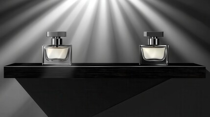 Perfume bottles on a black shelf under bright light