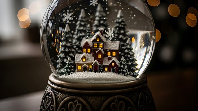Magical winter wonderland snow globe enchants with glowing holiday cheer and quaint village scene