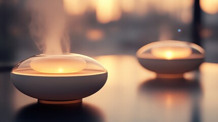 Prototype sonic cleaning device emitting warm steam with soft glow against a blurred background