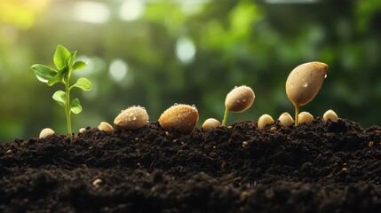 New seedlings emerging from rich dark soil with water droplets reflecting soft sunlight showcasing the beginnings of plant growth and the natural process of life