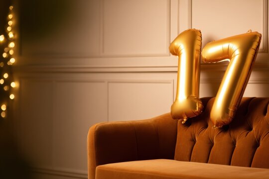 Golden number 17 balloons on a stylish couch in a cozy room with soft lighting and festive decor