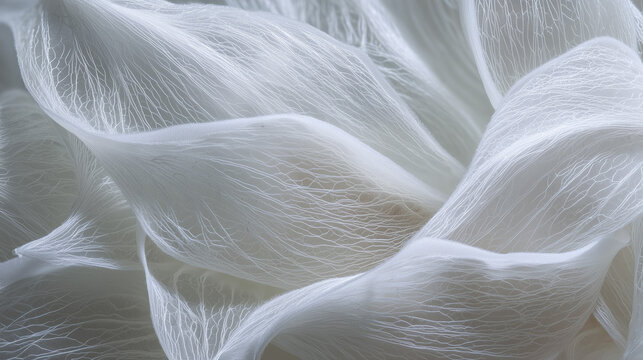 Macro close-up of a delicate white semi-transparent organic texture resembling a soft veil. Features airy, light, flowing layers and subtle natural patterns. 