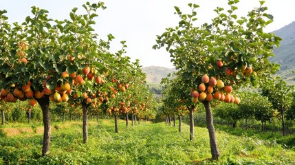 Orchard of mature fig trees bearing ripe fruit in sunlight