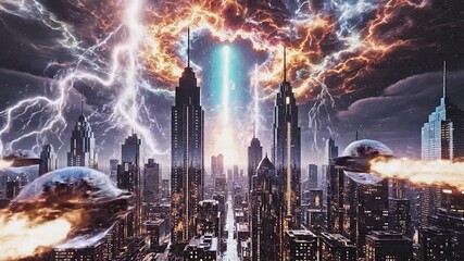 Futuristic city with vivid lightning storms and dynamic flying transport trails across the nighttime skyline - Powered by Adobe
