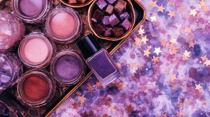 A vibrant display of makeup products including eyeshadows and nail polish on a sparkling backdrop