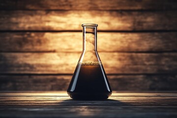 A scientific flask filled with a mysterious dark liquid and foam, placed on a warm wooden backdrop.
