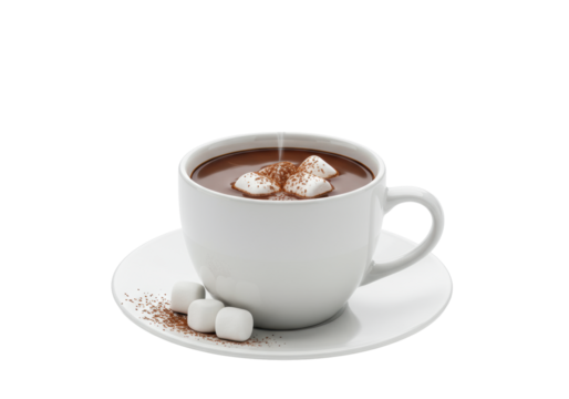 steaming white porcelain cup filled with rich hot chocolate, topped with cocoa and melting marshmallows, set on a saucer against a pristine high-key white backdrop. concept for beverage advertising