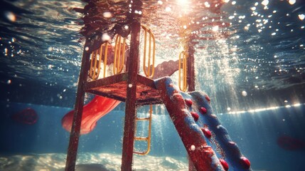 Rusted Playground Equipment Submerged in the Underwater Ocean