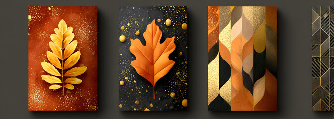 Set bright Autumn cards for greeting autumn,sales or fall festival. Vertical banners with fall leaves,geometric patterns.Fall themed covers.Template for design,print,flyers,social media,web,ads.Vector