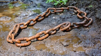 Rusty broken chains laying in muddy uneven ground