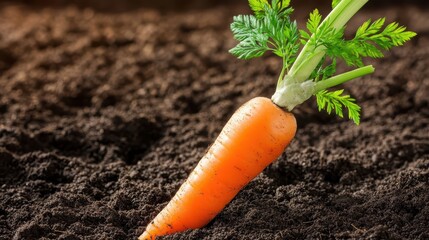 Single vibrant carrot with green leafy top growing in soil
