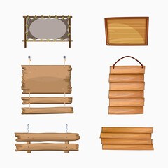 Hanging Wooden and Bamboo Signboards Collection, Empty Blank Frames Vector Set
