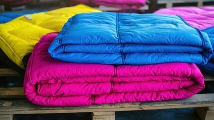 Stacks of colorful emergency shelter blankets folded neatly on a wooden pallet providing warmth and comfort for those in need