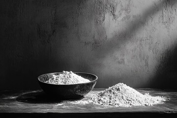 Still life of flour in a rustic wooden bowl and a mound on a dark surface, captured in dramatic black and white lighting.