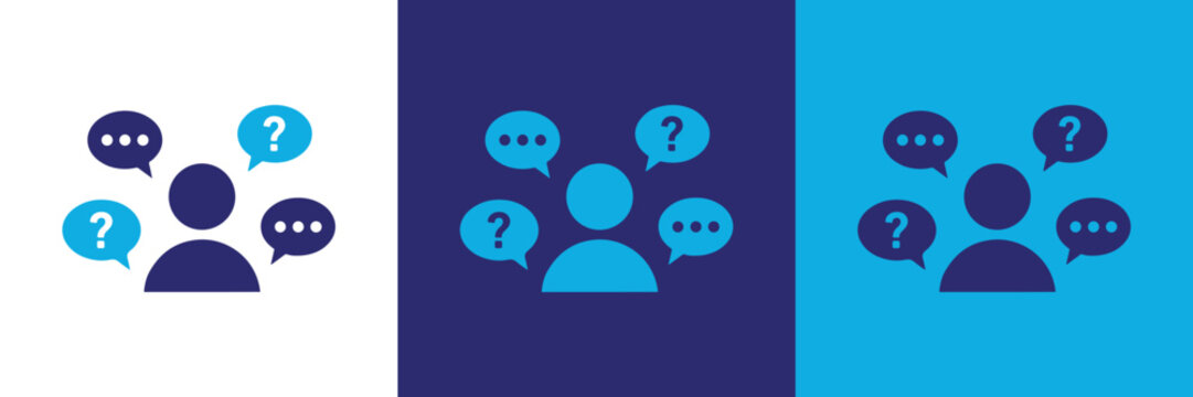 A versatile vector illustration of a person avatar surrounded by speech bubbles with questions and ellipses, signifying communication, inquiry and support services.