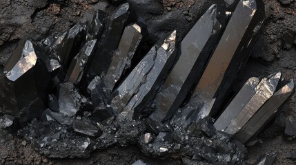 Sharp Obsidian Crystals Embedded in Black Rough Mineral Formation