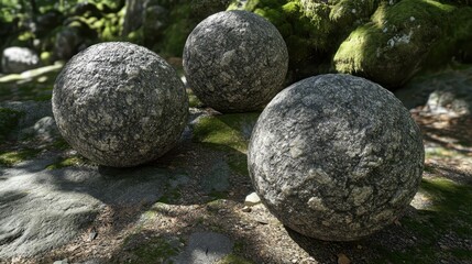Three natural stone spheres with subtle veining resting on mossy ground outdoors