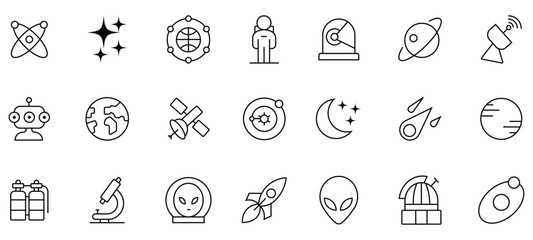 Set of space and astronomy line icons. containing icons moon, stars, planet, alien, galaxy, rocket astronaut, technology, space travels, solar and more. Exploration galaxy and universe. Vector 