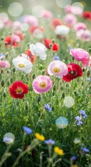 Fototapeta premium Field of colorful poppies blooming in spring sunlight