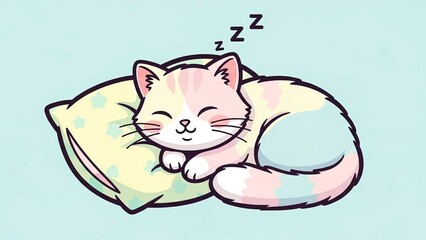 Cute Pastel Cartoon Cat Sleeping Peacefully on a Soft Pillow