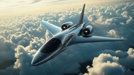 A futuristic jet soars through the clouds during sunset, featuring a sleek design and advanced aerodynamics