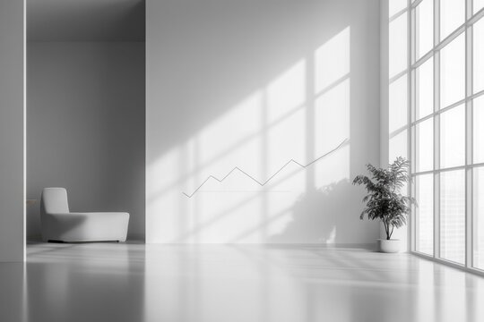 Clean, minimalist office with a rising line graph, modern lounge chair, potted plant, and sunlit windows creating geometric shadows. - Powered by Adobe