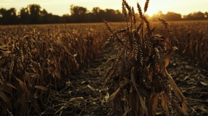 Wilting stalks of wheat in a dry agricultural field at sunset casting long shadows under golden sunlight with a feeling of loss