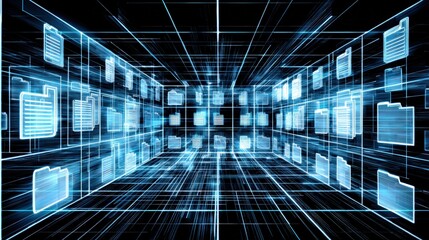 Abstract network grid with files and folders, futuristic software interface, digital document management system, store, search and organize documents, corporate business, paperless office	
