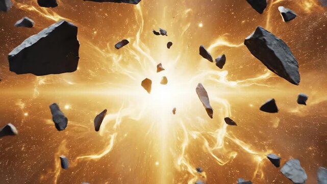 Cosmic Explosion: Witness the raw power of the cosmos as colossal fragments of rock are ejected from a brilliant center of energy, simulating the birth of a star or a celestial event.