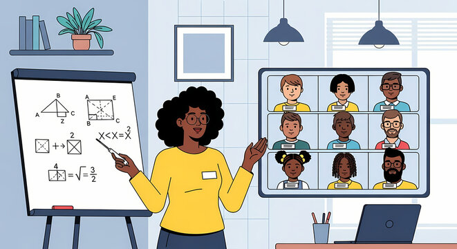 A friendly female teacher standing in front of a screen displaying a grid of diverse student faces in a virtual classroom setting. She is pointing to math or science equations on a whiteboard.