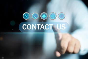Concept of contact us, Customer support hotline Contact us people connection. Call phone, address, Chat message icons.