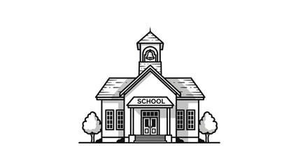 A classic black and white line art illustration of a traditional schoolhouse building, symbolizing education and learning