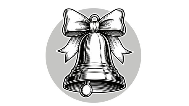 Elegant monochrome illustration of a classic ringing bell adorned with a festive bow, perfect for holiday greetings, event notifications, or vintage design elements