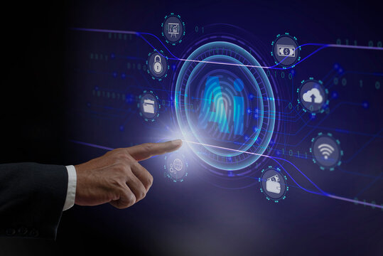 AI enhances biometric authentication systems for secure identity verification. Businessman use finger to touch fingerprint interface. Cyber security technology concept. Artificial intelligence system.