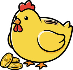 Cute Yellow Chicken Piggy Bank with Gold Coins – Flat Cartoon Savings Vector Illustration