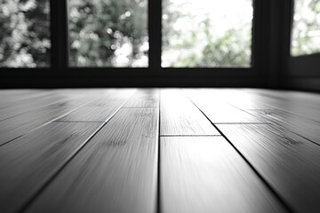 A low-angle shot reveals glossy wooden floor planks reflecting light from a blurred window. Lush green foliage is visible through the dark frame, creating a serene indoor-outdoor connection.