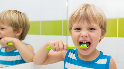 A young boy enthusiastically brushes his teeth in front of a mirror, showing his bright smile.