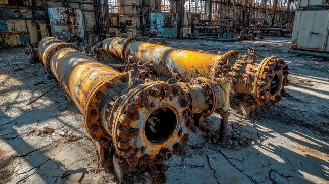 Tangled mass of industrial metal pipes and valves heavily rusted in an abandoned factory setting - Powered by Adobe