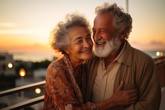 portrait romantic couple of older people smiling and hugging each other on balcony. Scene is warm and affectionate at sunset