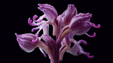 A close up shot of a purple orchid flower with water droplets against a black background in studio light