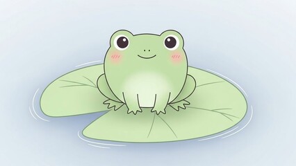 Whimsical Cartoon Frog with Blush Cheeks Sits on a Lily Pad