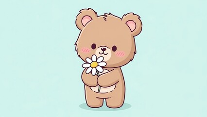 Adorable Illustrated Bear Character Smiling and Holding a White Daisy Flower