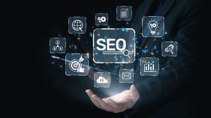 SEO concept for improving SEO visibility, with SEO related digital tools and SEO performance icons shown in an focused layout for strategic marketing. Elide