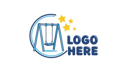 Playful logo design template featuring a hand-drawn swing set with stars, ideal for a childcare center, kindergarten, or kids' playground brand
