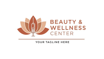 Modern vector logo for a beauty and wellness center, featuring an elegant lotus flower integrated with a syringe, symbolizing rejuvenation, aesthetic treatments, and holistic well-being services