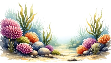 Watercolor Underwater Scene Vibrant Coral, Seaweed, and Pebbles Illustration